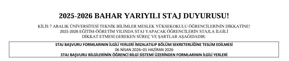 Staj Başvurusu Son Tarih 01 Haziran 2026 Pazartesi Gününe Uzatılmıştır